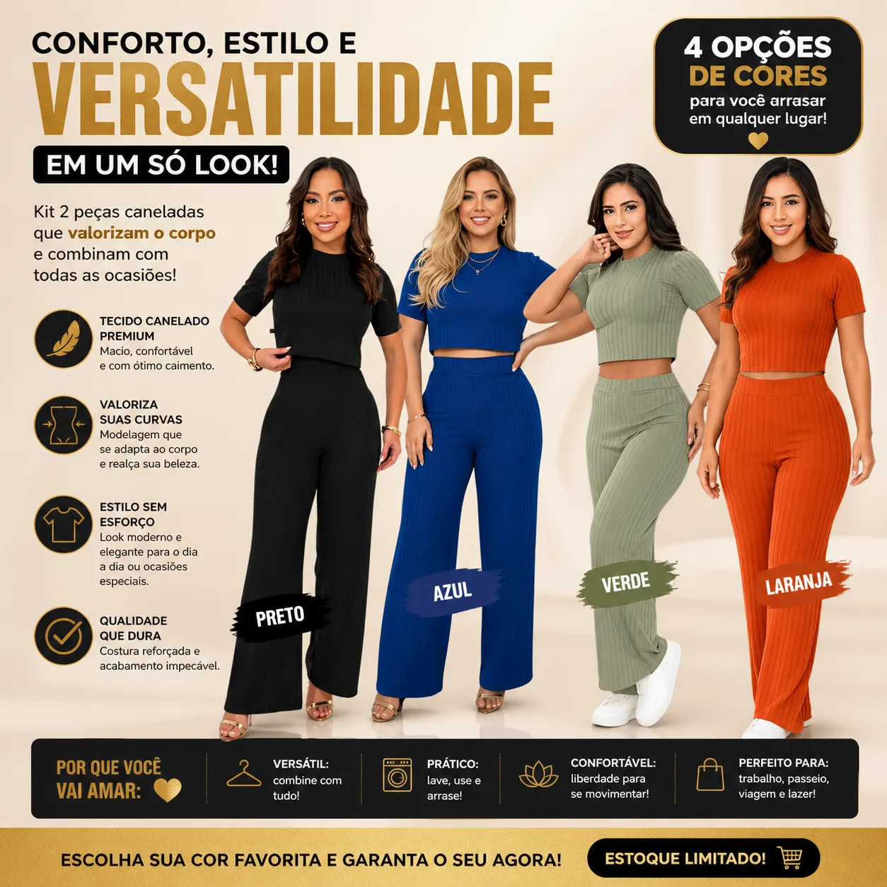 Conjunto Calça Pantalona e Cropped manga curta